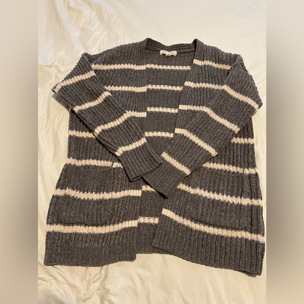 Grey and White Striped Cable Knit Cardigan